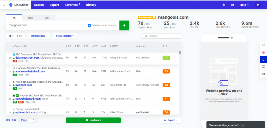 Linkminer backlink analysis tool in Mangools