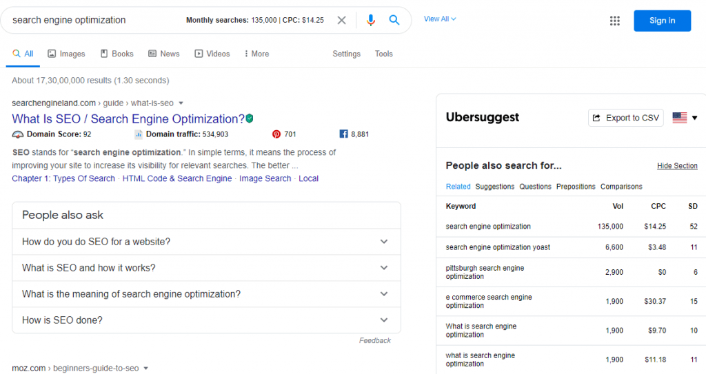 Ubersuggest Chrome extension details